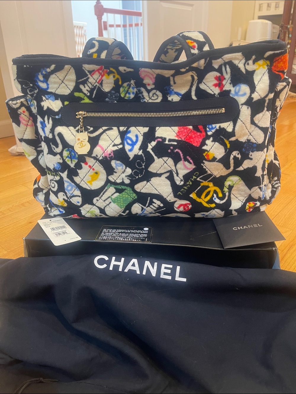 CHANEL Black Multicolor Printed Canvas Tote